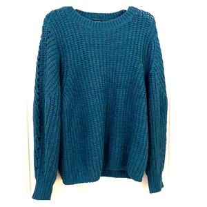 Knit turquoise blue sweater with crochet detail